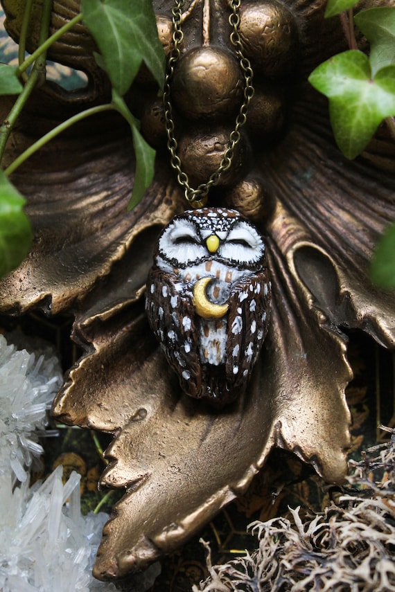 Boreal Owl With Crescent Moon Necklace