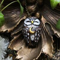 Boreal Owl With Crescent Moon Necklace