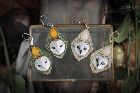 Barn owl earrings  Boho earrings Wild birds jewelry Nature earrings Forest jewellery Witch outfit  Fancy owl earrings OOAK jewelry Owl gift