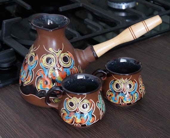 Brown turkish coffee set ceramic with two cups 3 oz Handmade ceramic cezve and small turkish coffee cups Owl lovers gifts
