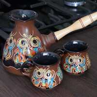 Brown turkish coffee set ceramic with two cups 3 oz Handmade ceramic cezve and small turkish...