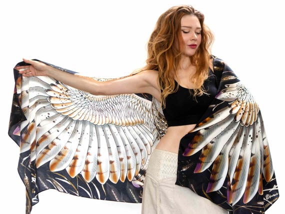 Wheat Barn Owl ~ Owl Wings Scarf, Spring Style, Barn Owl Wrap Shawl, Silk cashmere, Feather Pashmina, Birthday Gifts For Wife