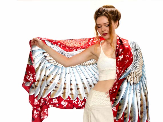 Cherry Barn Owl ~ Owl Wings Scarf, Spring Style, Barn Owl Wrap Shawl, Silk cashmere, Feather Pashmina, Birthday Gifts For Wife