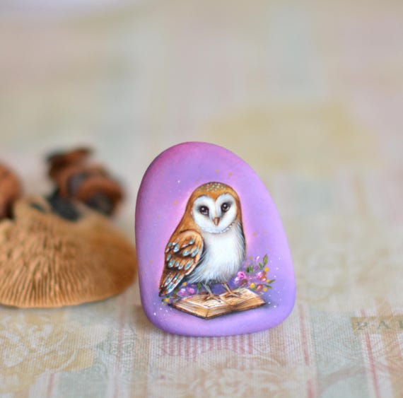 Owl, Barn owl, barn owl on the book, bird  - Animal art - Decorative stone - Painting on Stone - Rock Painting