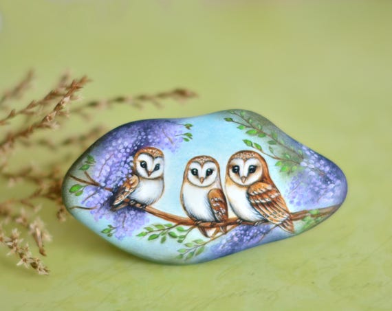 Owls, owl, three barn owls, Animal art, Decorative stone - Painting on Stone - Rock Painting
