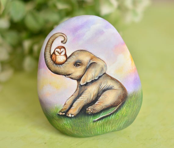 Painted Stone - Painting on Stone - Rock Painting - Decorative Stone, Elephant with Owl, elephant, owl, savannah