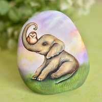 Painted Stone - Painting on Stone - Rock Painting - Decorative Stone, Elephant with Owl, ele...