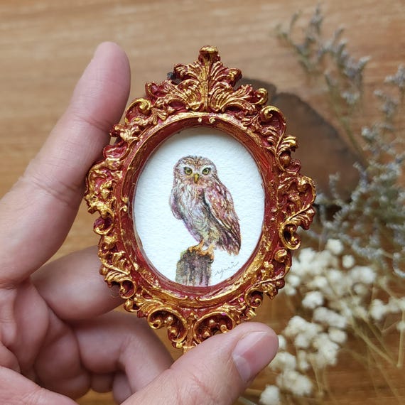 Original Tiny owl Watercolor hand-painted in a Handmade rasin frame, Miniature Art for Dollhouse or Small home Decor, mini painting framed