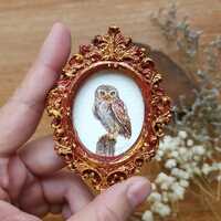 Original Tiny owl Watercolor hand-painted in a Handmade rasin frame, Miniature Art for Dollh...