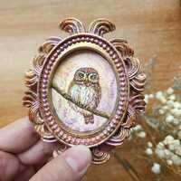 Miniature Framed Owl watercolor, Painting framed, Original Hand-Painted, Cute Animal Paintin...