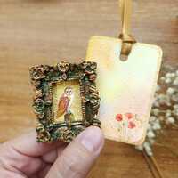 Miniature Watercolor Barn owl Painting with Gold Background – Tiny Framed Bird Art, Vi...