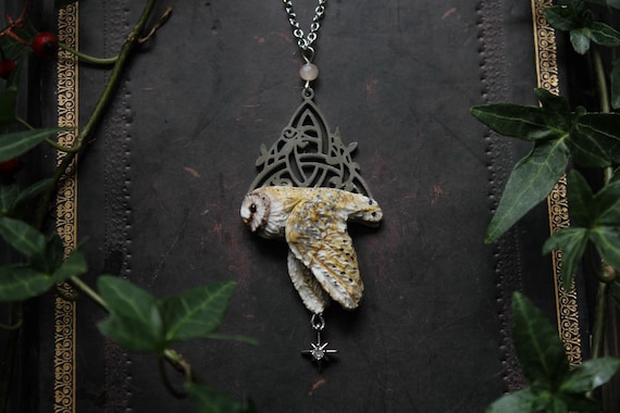 Barn Owl Pendant – Triskele Necklace – Celestial Forest Jewelry – Handmade Owl Pendant with Star – Nature Symbolism Gift