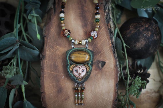 Barn owl beaded necklace Fairytale necklace Sleeping owl jewelry Bird statement necklace Boho beaded jewelry Forest witch jewelry Owl gift