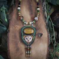 Barn owl beaded necklace Fairytale necklace Sleeping owl jewelry Bird statement necklace Boh...