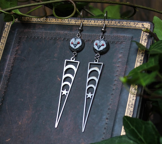 Gothic Owl Earrings – Triple Moon Dangle – Vampire Forest Jewelry – Handmade Owl Faces – Witchy Celestial Earrings
