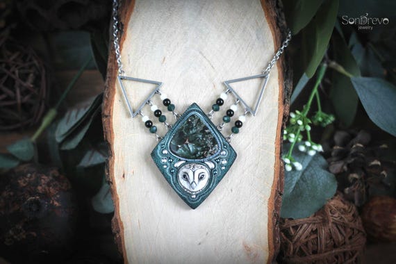 Gray owl necklace Fairy necklace Small owl jewelry Green labradorite jewellery Forest owl Animal totem Miniature owl Witch jewelry