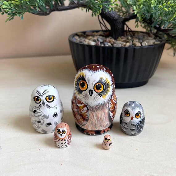 Tiny Owls Nesting Doll 5pcs 2,2” Hand Painted Collectible Miniature Art Doll, Personalized Birthday Treasure, Owl Bird Room Decor, Xmas Gift