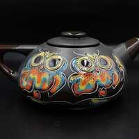Black handmade ceramic teapot 33.8 oz with orange owls and oak leaves Teapot pottery engrave...