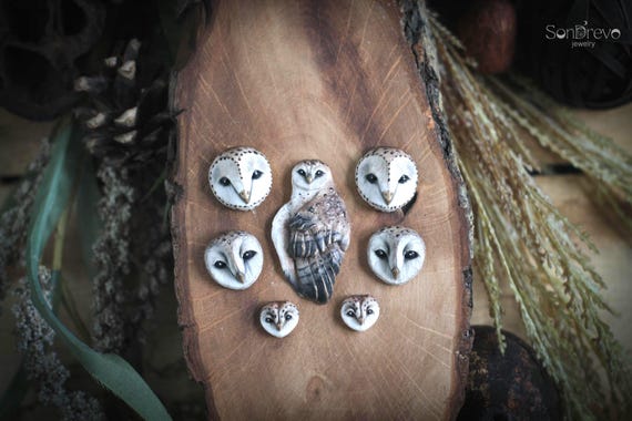 Golden owl cabochons set  Barn owl cabochon Dark barn owl Handmade cabochon Jewelry component Jewelry cabs Artisan cabochon Statement cabs