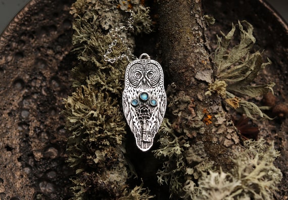 Silver Owl Pendant - Great Grey Owl Necklace - Silver Tourmaline Totem Necklace - Tourmaline slab pendant - White Cedar Wisdom Necklace