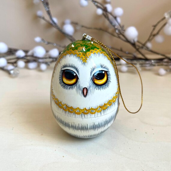 Owl Xmas Tree Ornament Hand Painted Wooden Egg with Owls design, Ukrainian Art Doll, Personalized Christmas Gift, Box for Birthday Treasure
