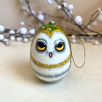 Owl Xmas Tree Ornament Hand Painted Wooden Egg with Owls design, Ukrainian Art Doll, Persona...
