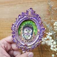 Original Owl Watercolor Painting with Hand Painted Ornate Frame – Miniature Wildlife A...