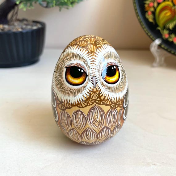 Easter Handpainted Wooden Egg with Owl Design, Box for Jewelry, Birds Room Decor