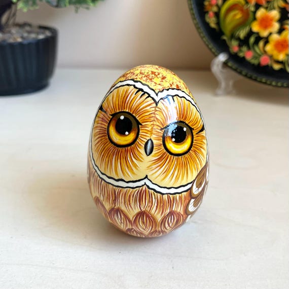 Art Wooden Egg with Owls Design, Jewelry Box, Xmas Ornament Kids Gift
