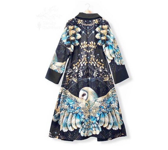 The Black Golden Night Owl robe of wings  cotton lawn kimono, robe, dressing gown, long jacket, gown, cover up, throw over, kaftan, cloak