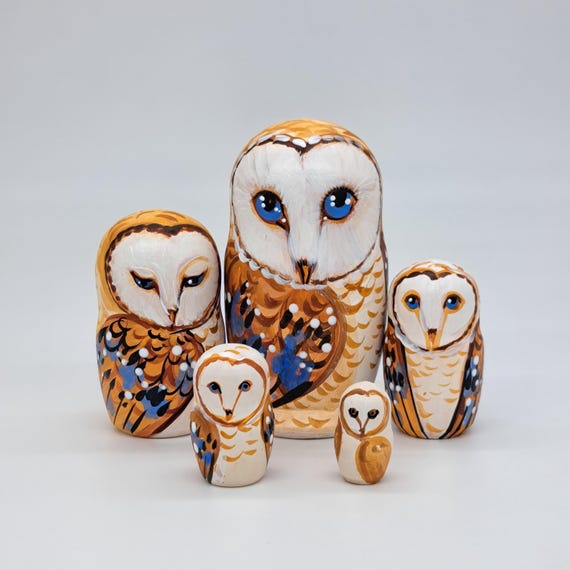 4" Owls 5 in 1 nesting dolls Art matryoshka Made in Ukraine Wooden toy Stacking doll gift for kids and collectors