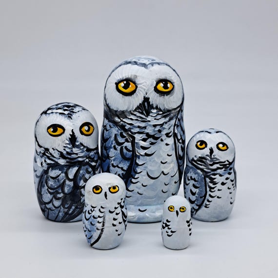4" Stunning white Owls 5 in 1 nesting dolls Ukrainian Art matryoshka Made in Ukraine Wooden toy Stacking doll gift for kids and collectors