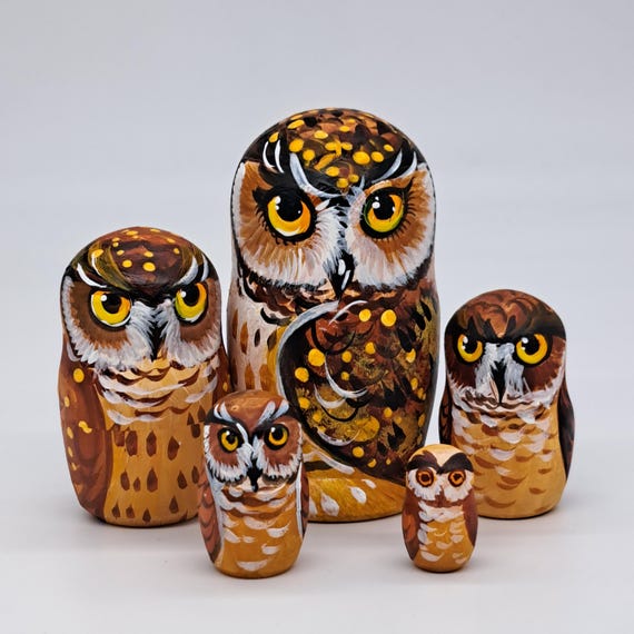 4" Stunning Owls 5 in 1 nesting dolls Ukrainian Art matryoshka Made in Ukraine Wooden Stacking dolls