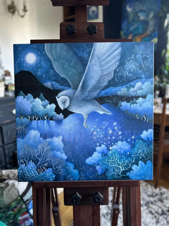 Original canvas painting titled "We Are All Stardust" by Amanda Clark - owl, landscape, canvas, fairy tale