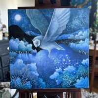 Original canvas painting titled "We Are All Stardust" by Amanda Clark - owl, lands...