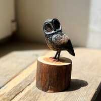Cute Owl Miniature Sculpture, Gift for Owl Collectors, Melanistic Owl Figurine, Detailed Lit...