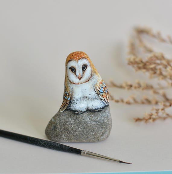 Barn owl, Owl, Animal art, Decorative stone - Painting on Stone - Rock Painting