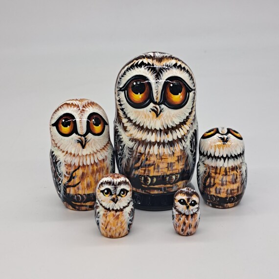 4" Owls Nesting dolls matryoshka 5 in 1 Made in Ukraine Wooden toy Stacking Russian doll gift for kids and collectors