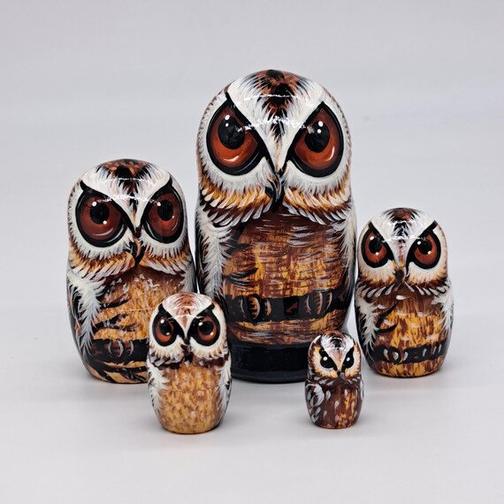 4" Family owls Nesting dolls matryoshka 5 in 1 Made in Ukraine Wooden toy Stacking Russian doll gift for kids and collectors