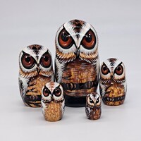 4" Family owls Nesting dolls matryoshka 5 in 1 Made in Ukraine Wooden toy Stacking Russ...