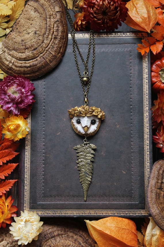 Handmade Forest Owl Pendant Necklace: Bronze Fern Leaf, Woodland Jewelry