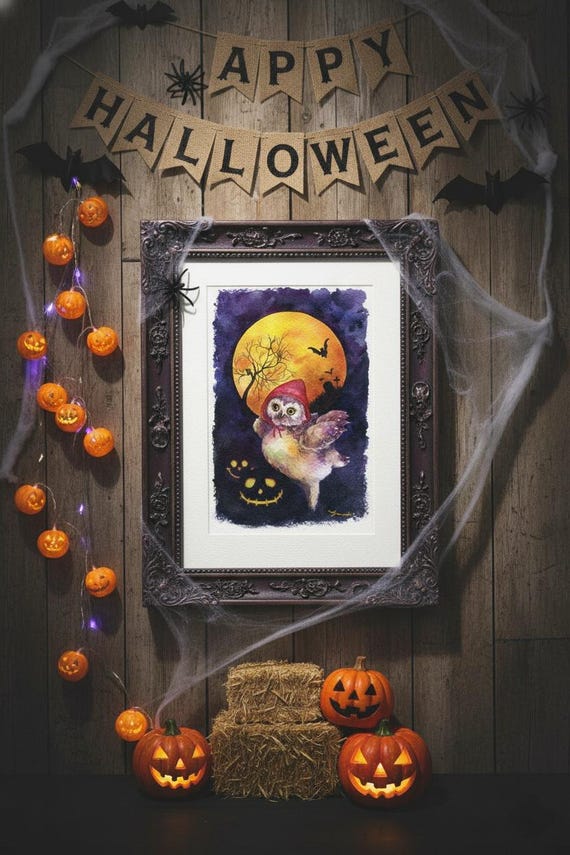Original Watercolor Owl Print, Cute Halloween Wall Art Digital Download, Spooky Fantasy Nursery Decor, Red Riding Hood Owl Painting