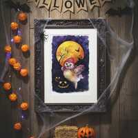Original Watercolor Owl Print, Cute Halloween Wall Art Digital Download, Spooky Fantasy Nurs...