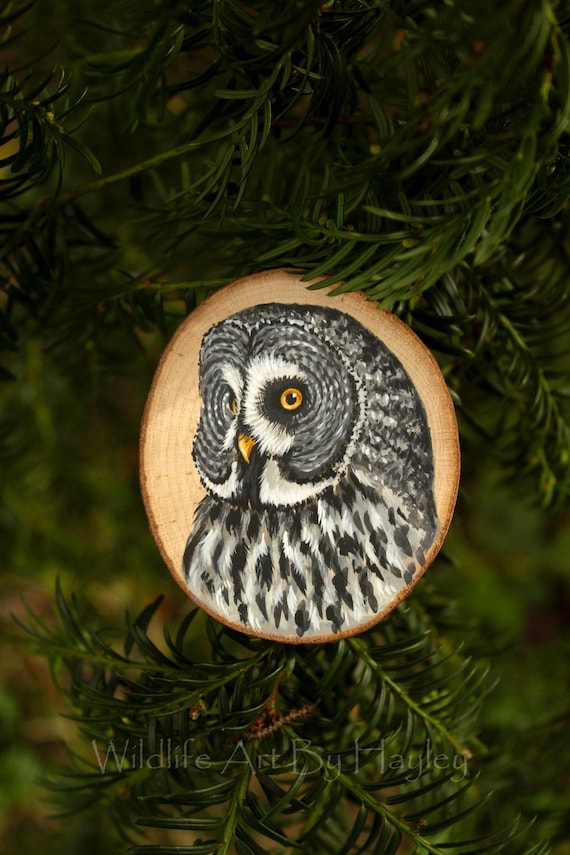 Great grey owl, original painting on a recycled wood slice