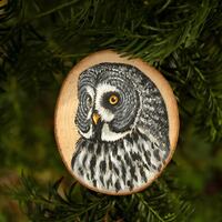 Great grey owl, original painting on a recycled wood slice