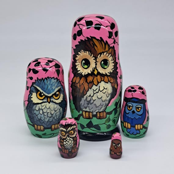 5" Owls Nesting dolls 5 in 1 Matryoshka Handmade and painted in Ukraine Bird doll Wooden toy