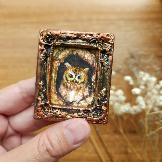 Mini Owl Watercolor Painting in Hand-Painted Bronze Frame, Original Tiny Woodland Art, Peaceful Forest Owl Gift, Small Nature Artwork