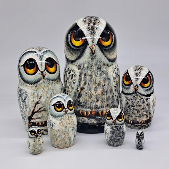 8" Polar owl nesting dolls Bird matryoshka 7 in 1 Made in Ukraine Wooden toy Stacking dolls Good for kids gift Home decor For owl collectors