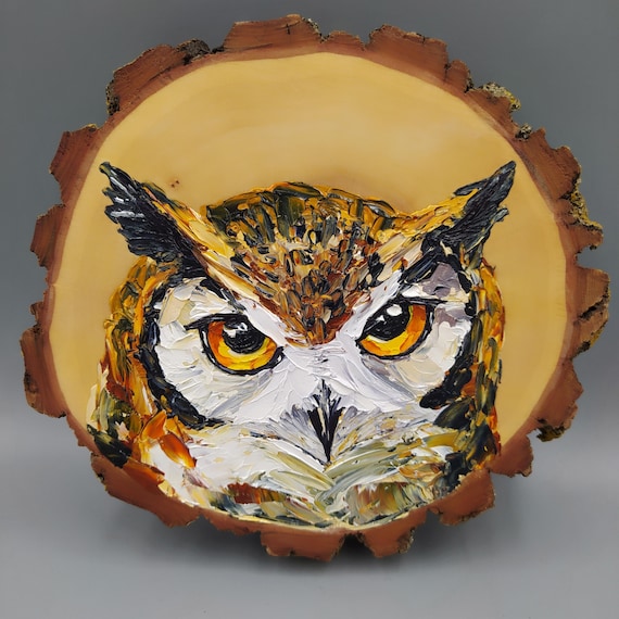 Owl painting wooden slice. Porch decor. Slice of wood on the wall