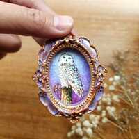 Mini Original Snowy Owl Watercolor Painting in Ornate Frame &ndash; Tiny Art, Woodland Decor